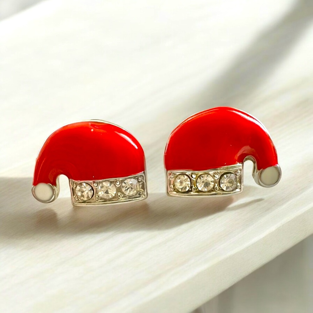 Christmas Holiday Red Santa Hat Enamel Silver Tone Earrings